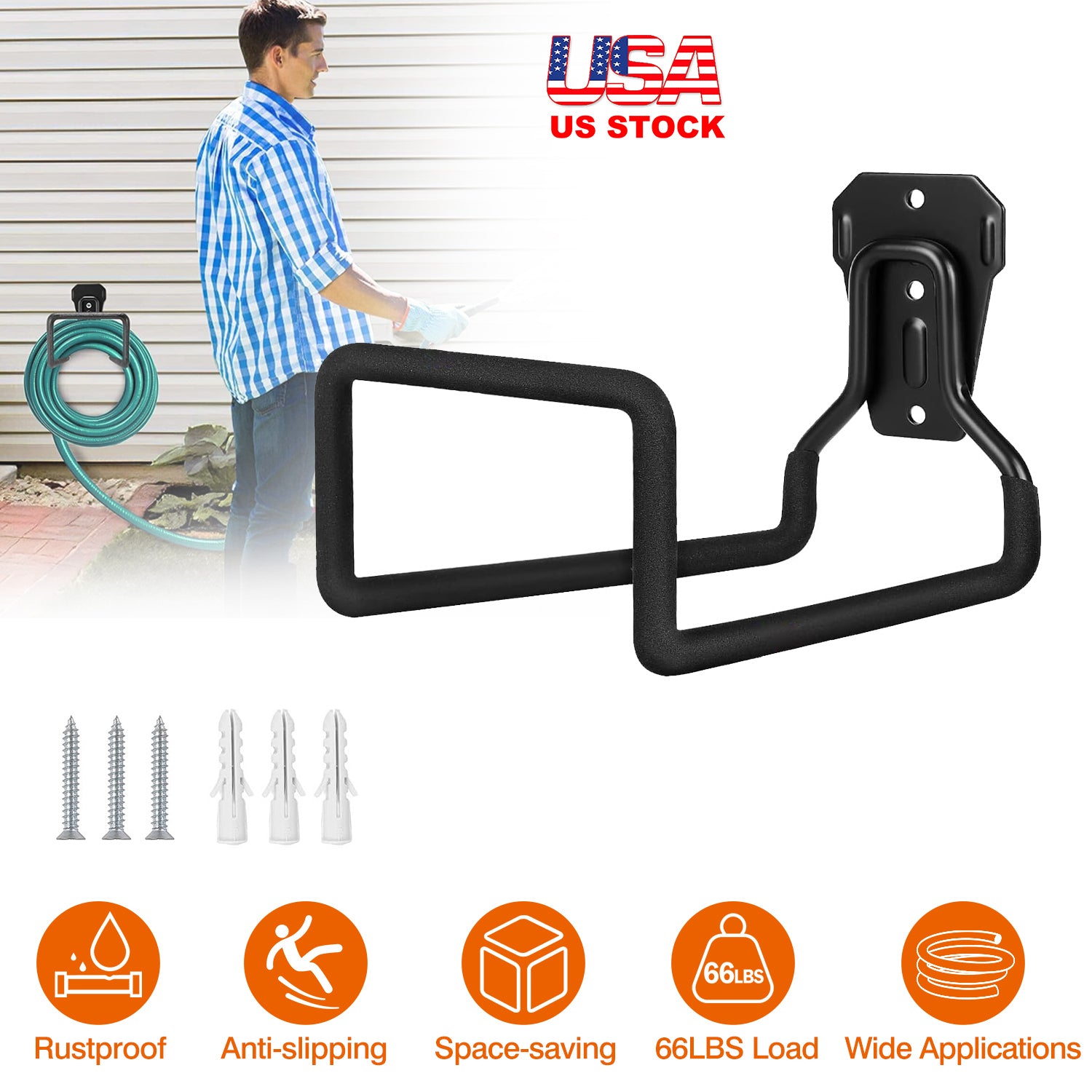 Heavy Duty Iron Hose Holder Wall Mounted Hose Hanger Hose Reel with 66LBS Load 3 Screws for Garden Garage Yard Workshop