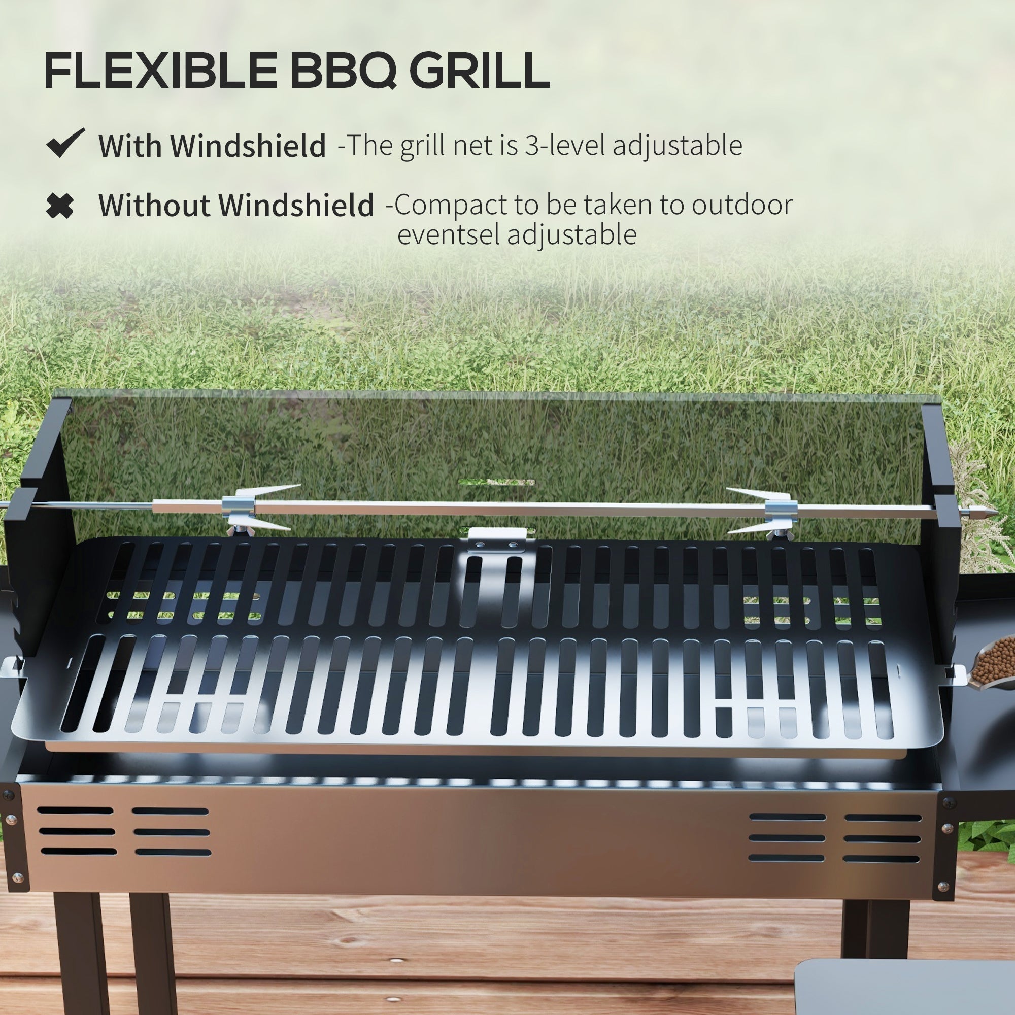 Outsunny BBQ Rotisserie Grill Charcoal, Split Roaster for Chicken Turkey, 3-Level Grill Grate, Storage Shelves, Stainless Steel 