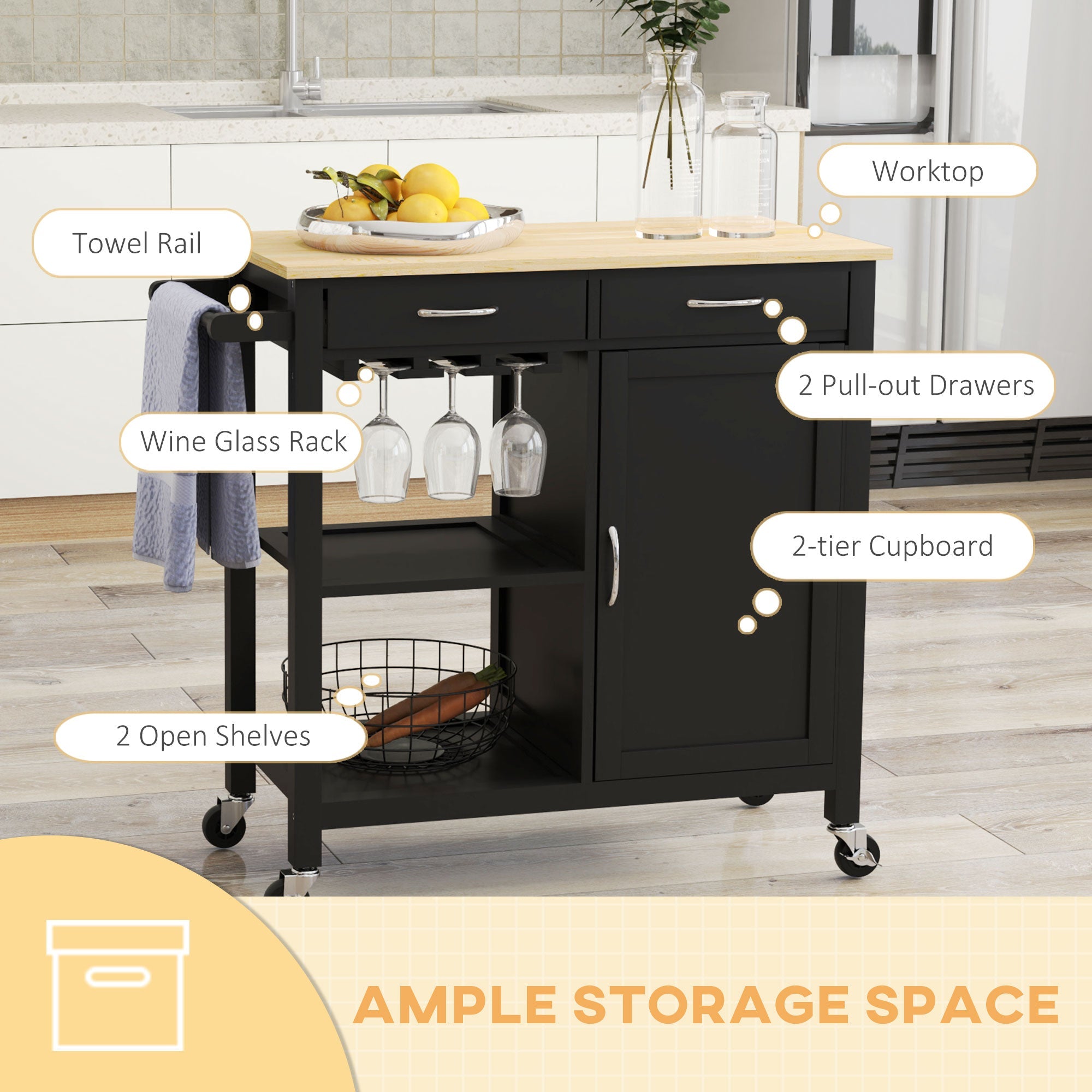 HOMCOM Kitchen Storage Trolley Cart Serving Cart 2 Drawers Wine Glass Rack Towel Rail 