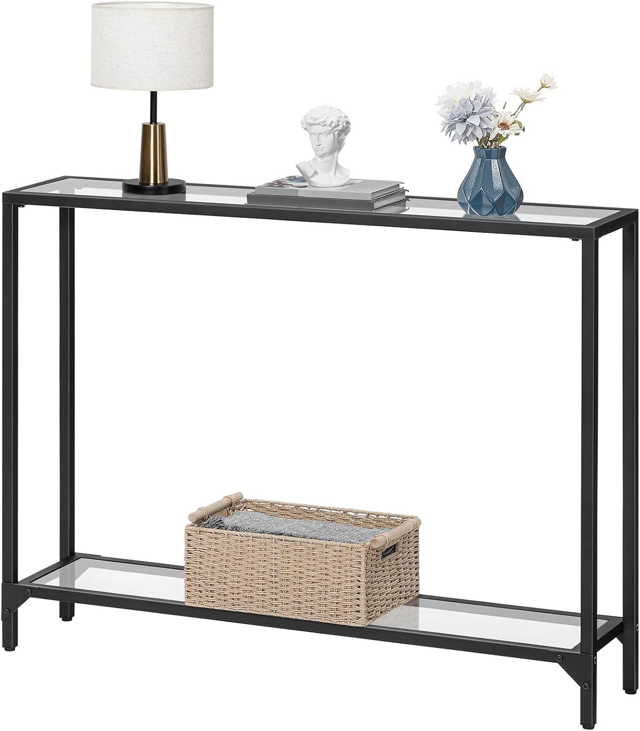 HOOBRO 39.4" Narrow Tempered Glass Console Table, 2-Tier Modern Sofa & Entryway Table with Metal Frame, Black BK04XG01
