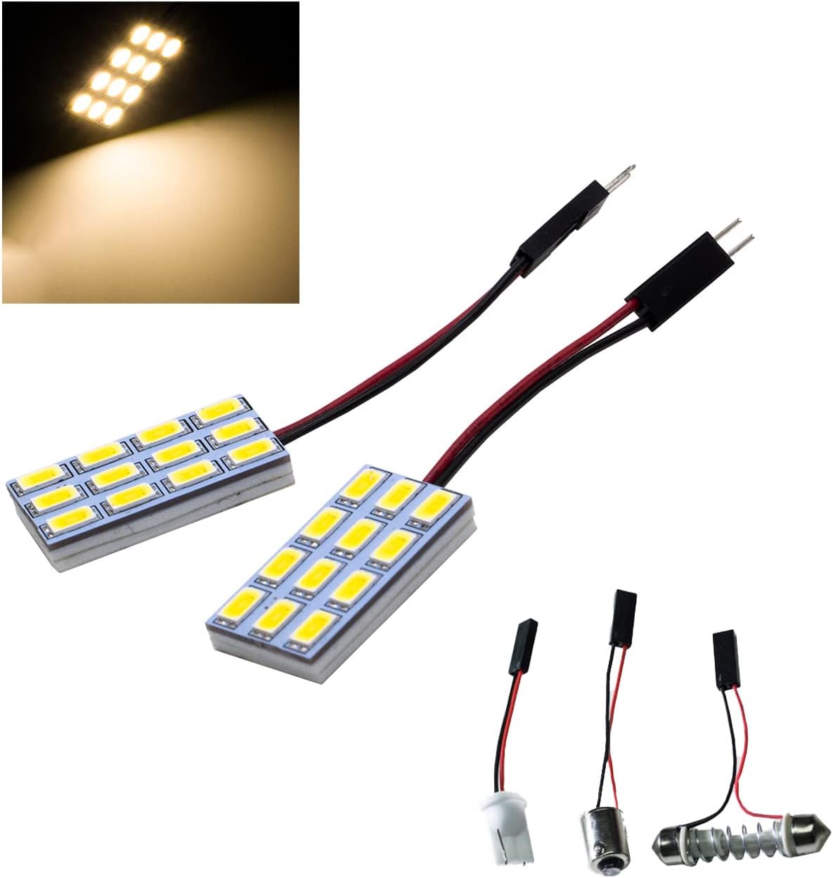 HYUGA 2x 12SMD 5630 White 6500K LED Panel Dome Board Light Auto Car Interior Bulb DC 12V-24V With T10 / BA9S / Festoon Adapters 