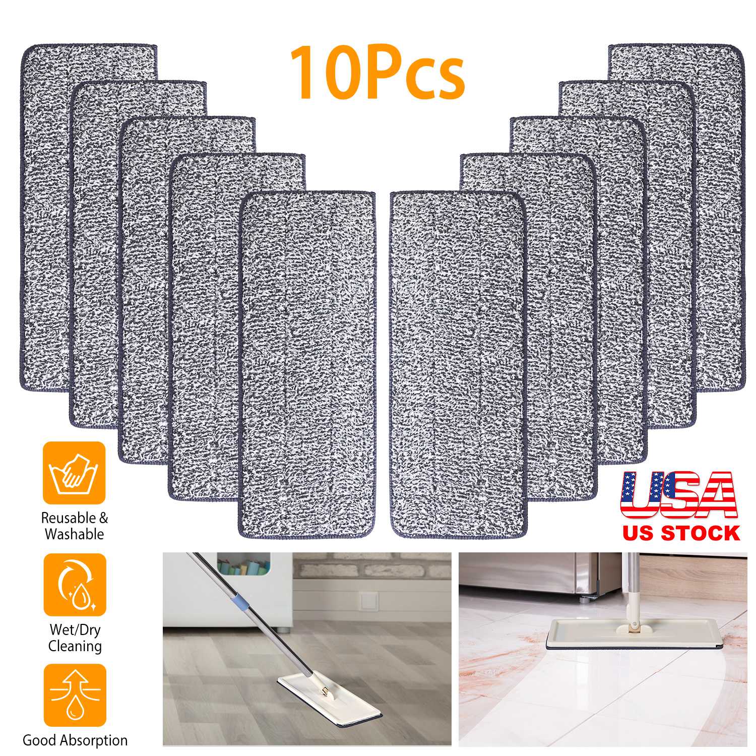 10Pcs Microfiber Mop Pads Reusable Washable Cloth Mop Flat Replacements Head 12.2x4.9in for Wet/Dry Floor Cleaning