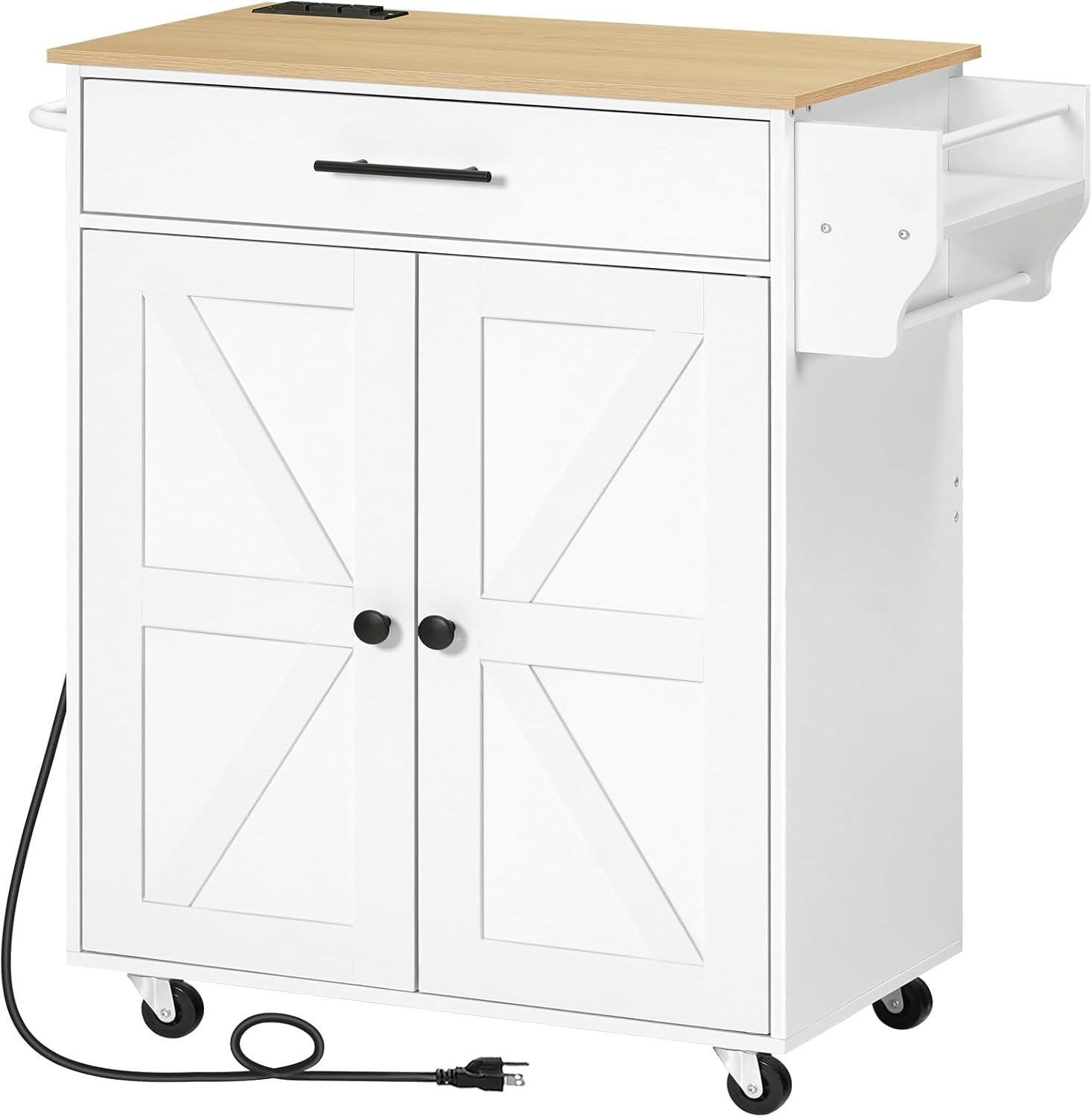 HOOBRO Kitchen Island Cart with Power Outlet, Storage Cabinet, Drawer & Spice Rack, Rolling Kitchen Cart, White & Natural