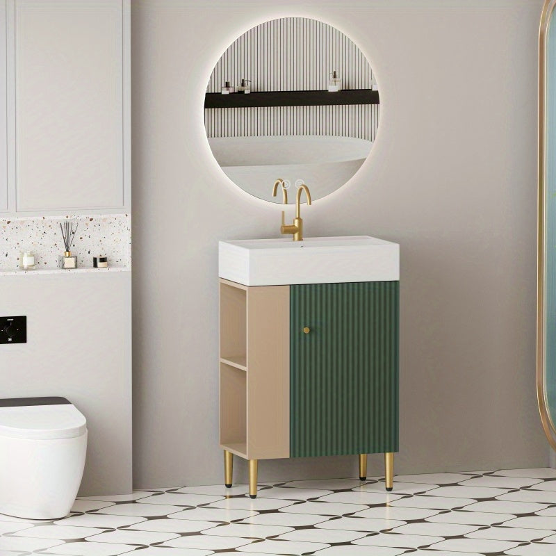 Contemporary Green Bathroom Vanity with Ceramic Sink & Soft-Closing Doors - Open Shelf Storage Cabinet on Left Side, 21.6" Wide, Assembly Required, Bathroom Decor And Accessories 