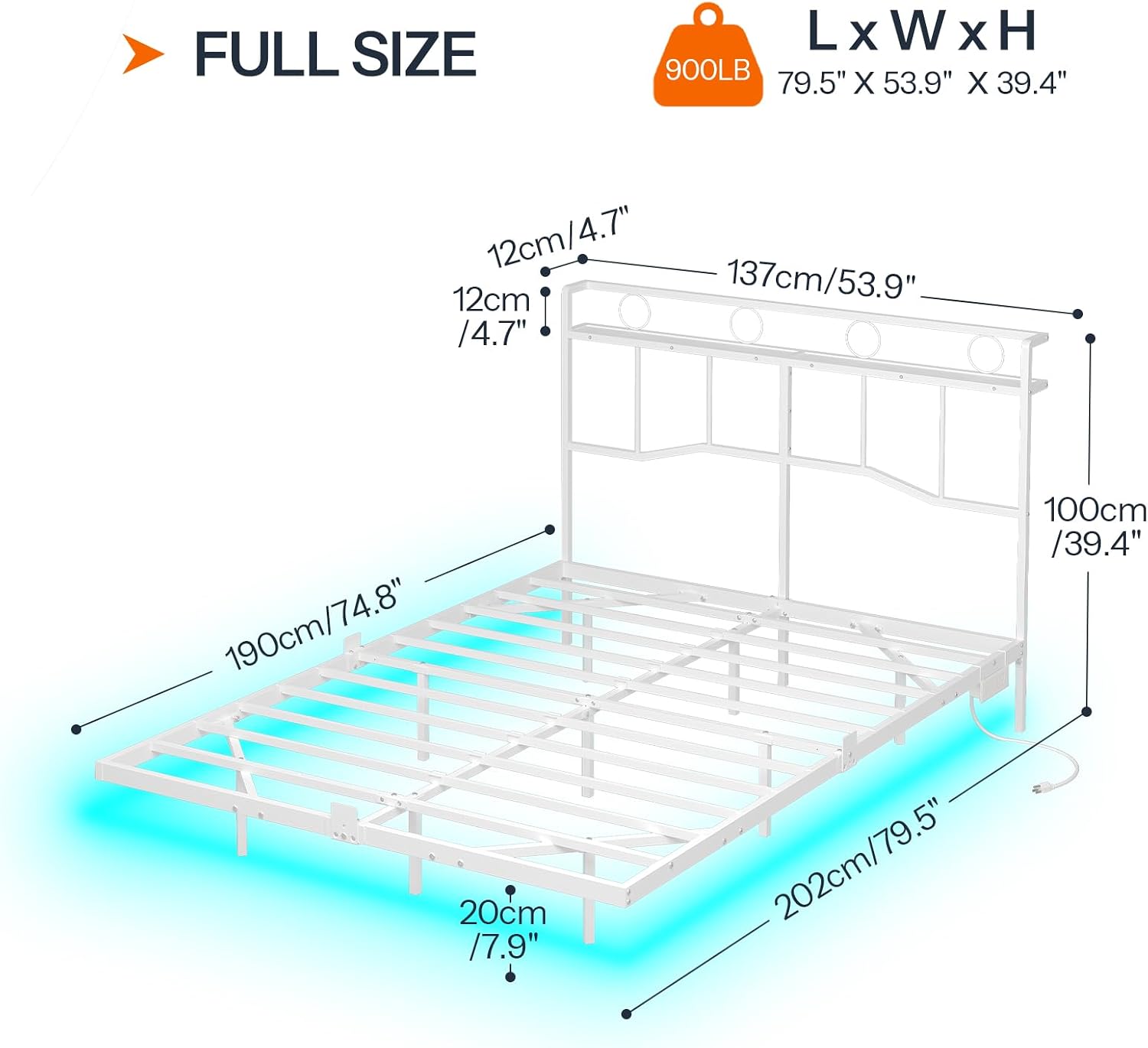 HOOBRO Full Size Floating Bed Frame with Charging Station, LED Light Strip & Headboard, White