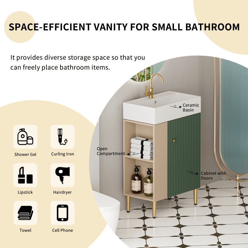 Contemporary Green Bathroom Vanity with Ceramic Sink & Soft-Closing Doors - Open Shelf Storage Cabinet on Left Side, 21.6" Wide, Assembly Required, Bathroom Decor And Accessories 
