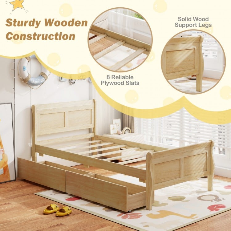 Twin Size Sleigh Bed with 2 Storage Drawers Wood Platform Bed Frame-Natural