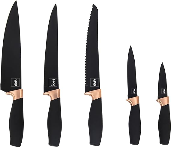 6 Pcs Kitchen Knife Set with Acrylic Block - Super-Sharp Steel Knives with Non-Stick Coating - Chef, Bread, Carving, Utility, Paring Knives - Stylish Cooking Tools with Black, Rose Gold Handle 