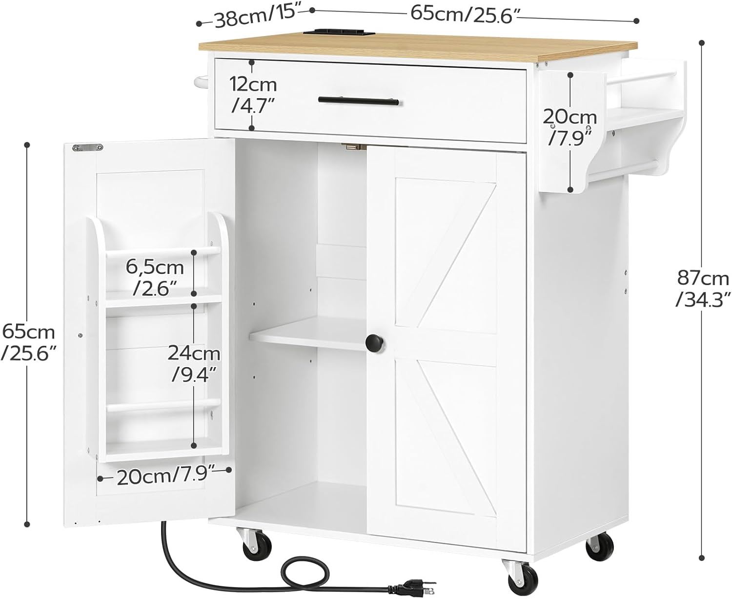 HOOBRO Kitchen Island Cart with Power Outlet, Storage Cabinet, Drawer & Spice Rack, Rolling Kitchen Cart, White & Natural