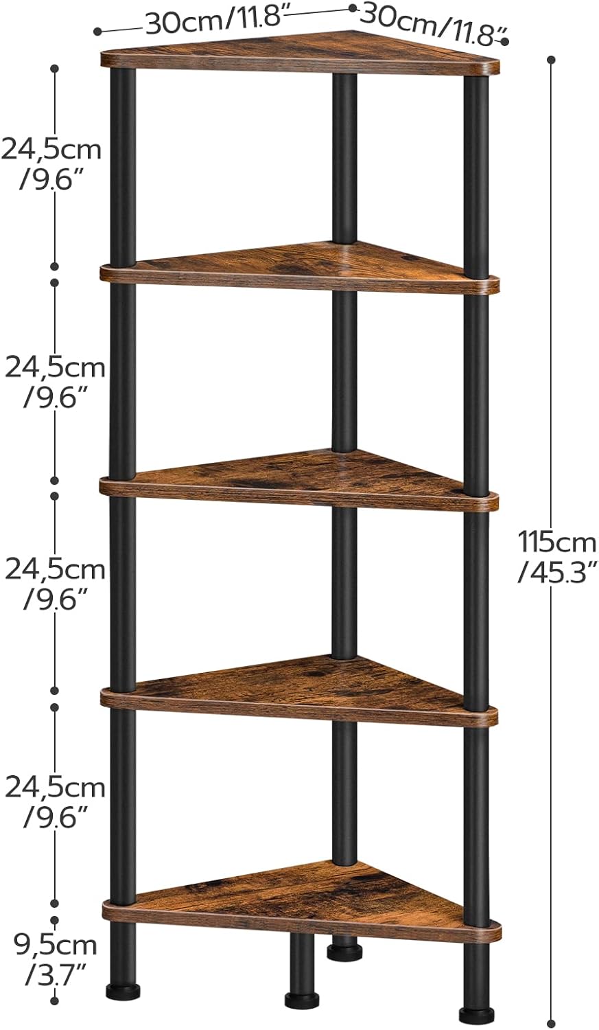 HOOBRO 5-Tier Corner Shelf, Industrial Corner Bookshelf & Plant Stand for Small Spaces, Rustic Brown & Black