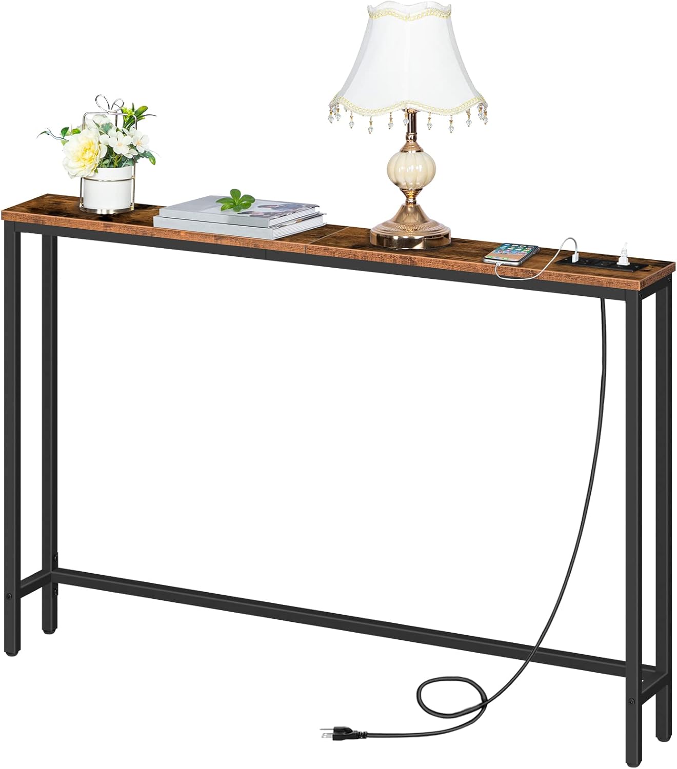 HOOBRO Skinny Console Table with Charging Station, 47.2" Narrow Sofa Table with Power Outlets, USB & Type-C Ports, Rustic Brown & Black