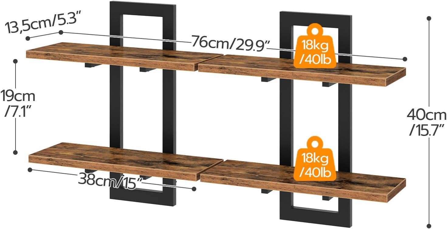 HOOBRO Floating Shelves Set of 2, 2-Tier Wall Mounted Storage Shelves, Rustic Brown & Black