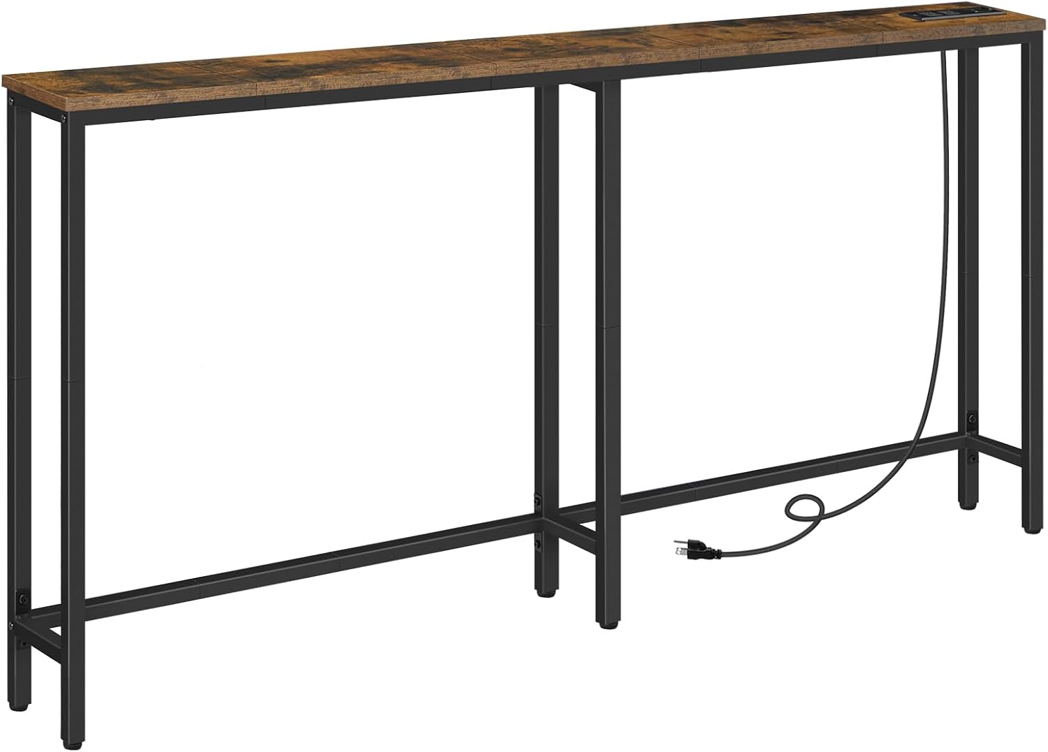 HOOBRO 63" Skinny Console Table with Charging Station, Narrow Sofa Table with USB & Type-C Ports, Rustic Brown & Black