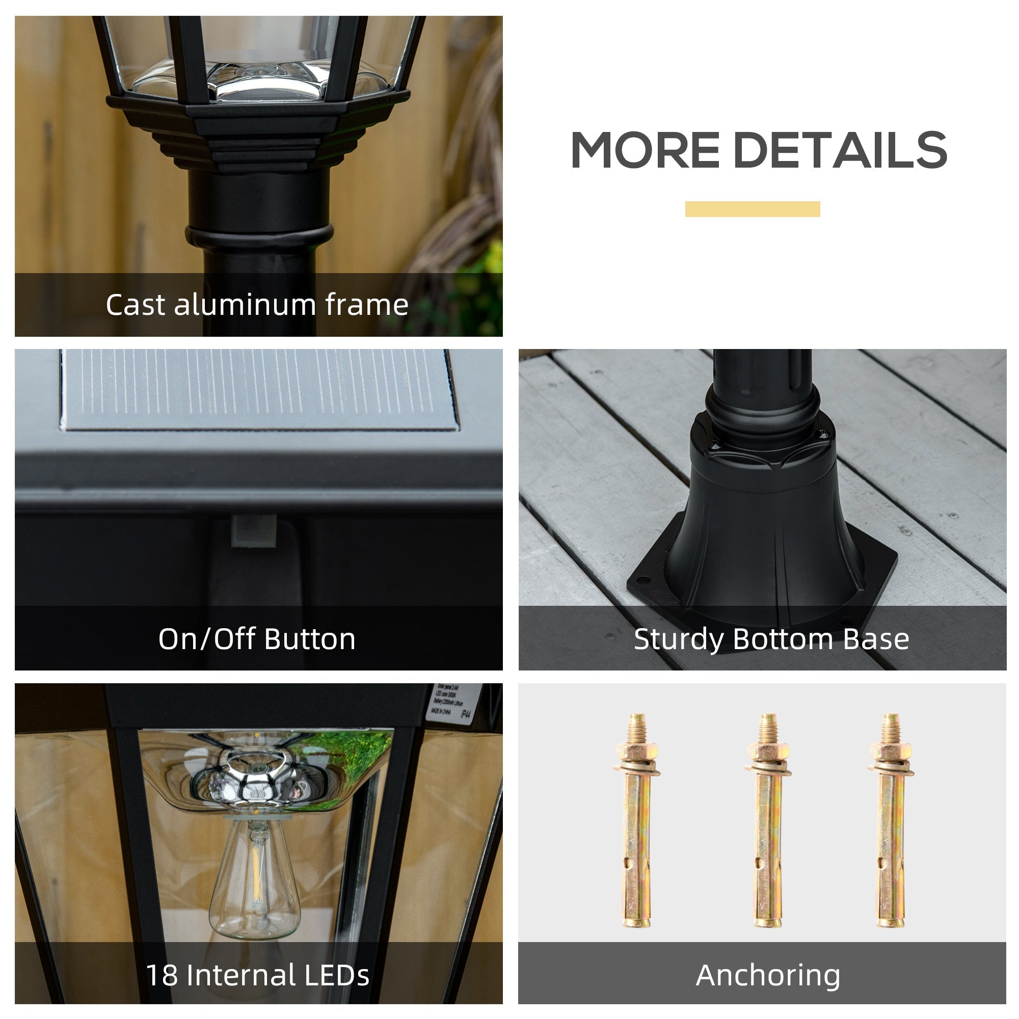 Outsunny 77" Outdoor Solar LED Lamp Post Light Street Lamp Motion Sensor PIR Adjustable Brightness Yard Black 