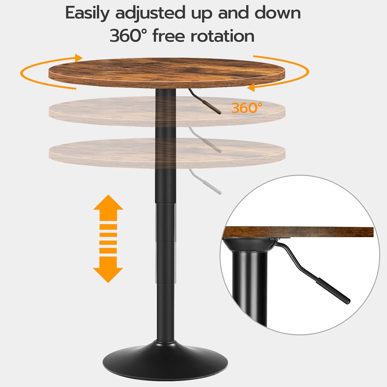 HOOBRO Height-Adjustable Round Bar Table, Modern Cocktail Pub Table, Rustic Brown & Black BF58BT01G1
