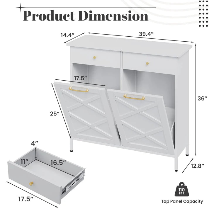YODOLLA Double Tilt-Out Trash Can Cabinet with 2 Drawers, Hidden Kitchen Garbage Bin Storage Cabinet