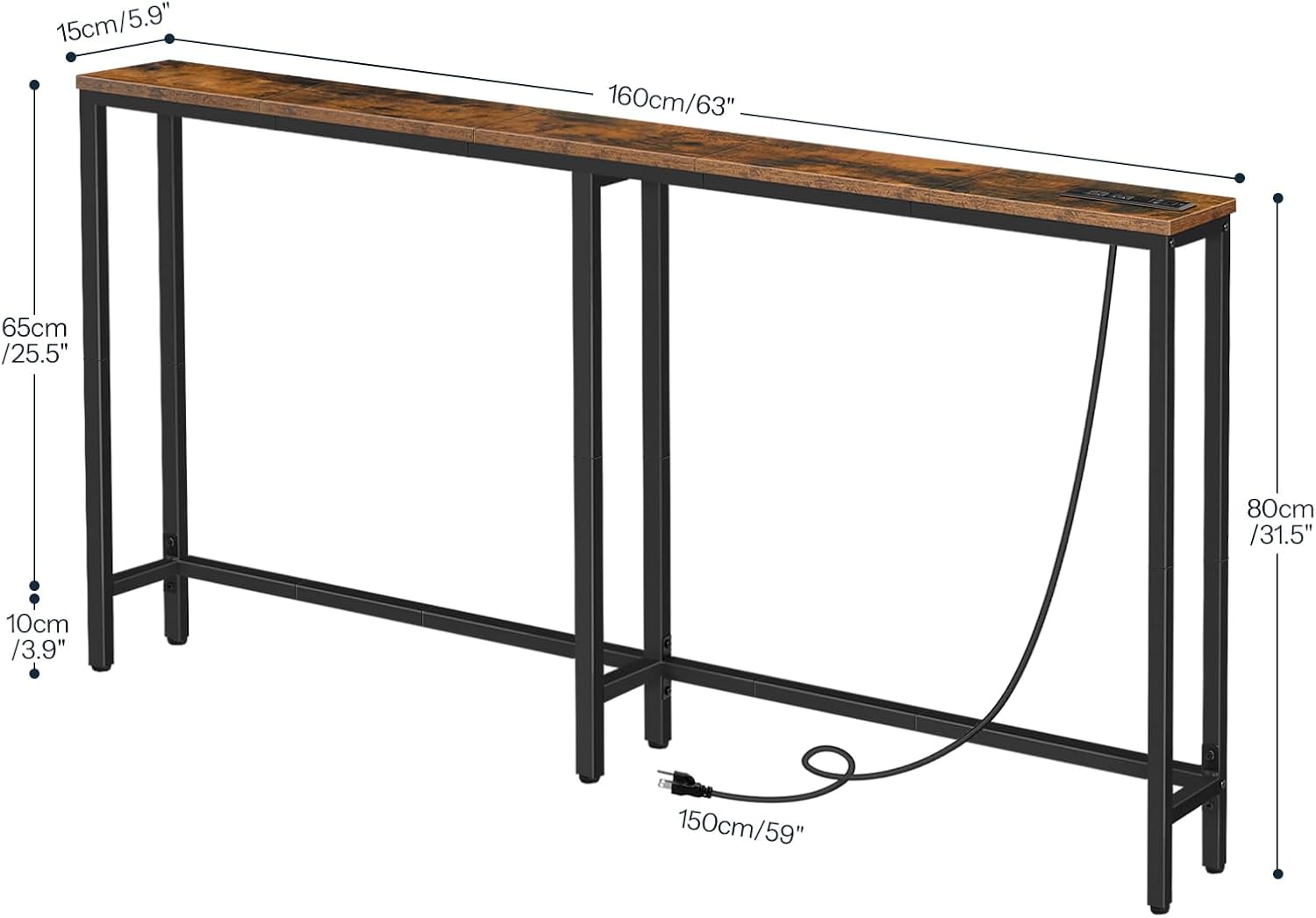 HOOBRO 63" Skinny Console Table with Charging Station, Narrow Sofa Table with USB & Type-C Ports, Rustic Brown & Black