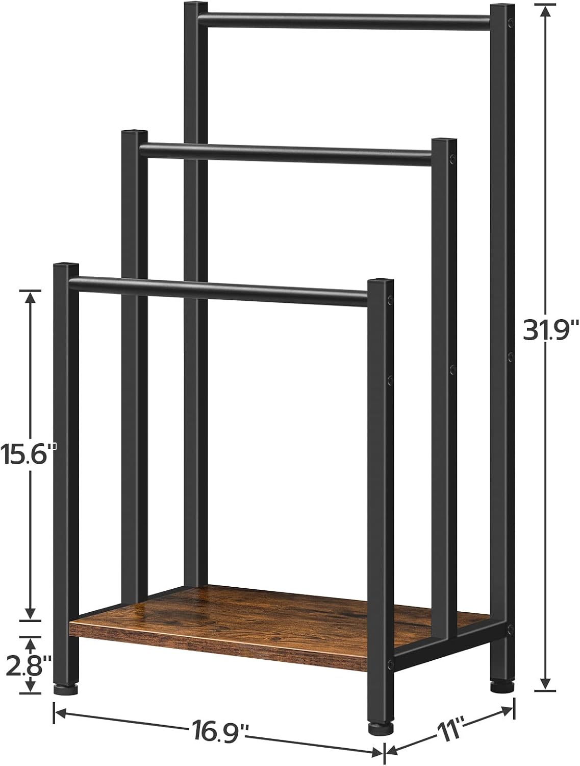 HOOBRO Freestanding Towel Rack, 3-Tier Metal Blanket Rack with Storage Shelf, Industrial Bathroom Towel Holder, Rustic Brown & Black