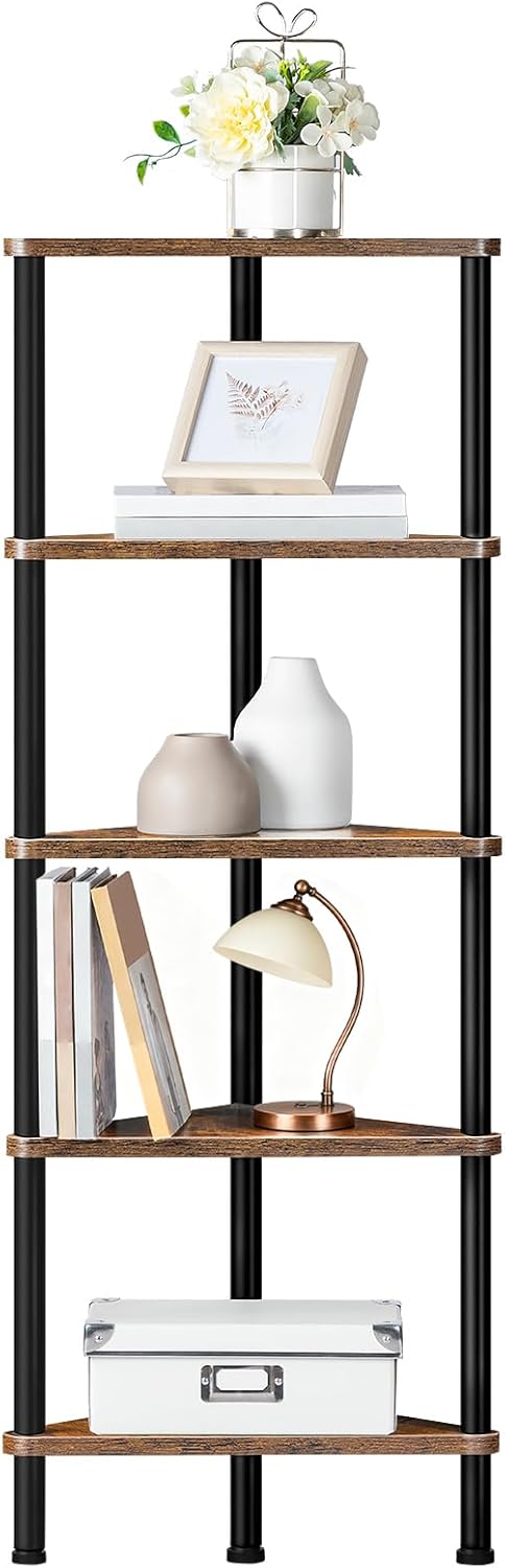 HOOBRO 5-Tier Corner Shelf, Industrial Corner Bookshelf & Plant Stand for Small Spaces, Rustic Brown & Black