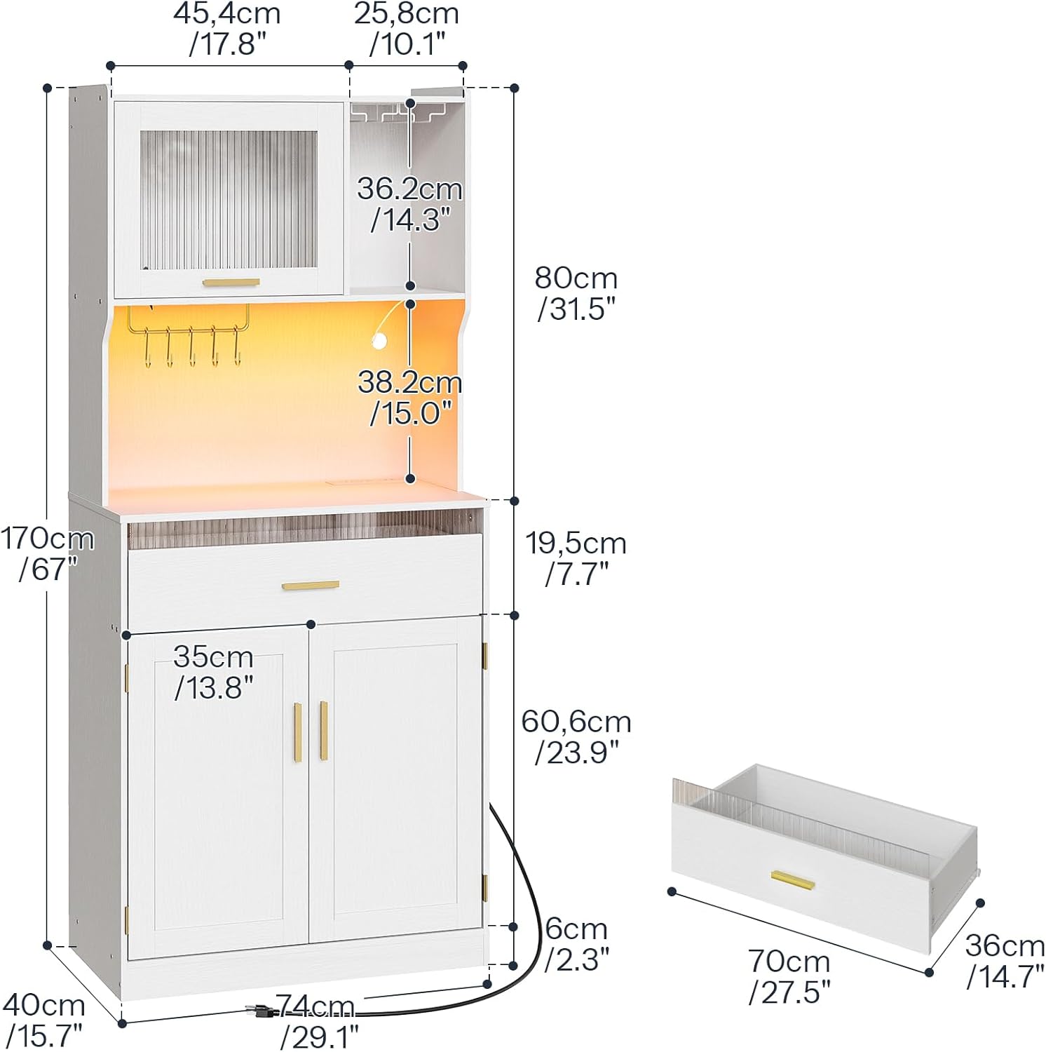 HOOBRO 170 cm Pantry Cabinet with LED Lights & Charging Station, Kitchen Storage Cabinet with Microwave Stand, White