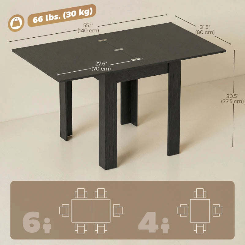 55" Extendable Dining Table for 4-6 Person, Kitchen Table with PU Handle and Felt Pads for Small Spaces, Black