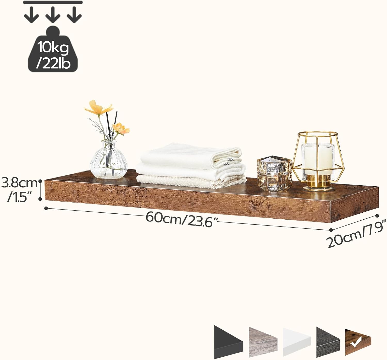 HOOBRO Floating Shelves Rustic Brown Wall Shelf Set of 2, 60 cm Hanging Shelves with Invisible Brackets BF60BJ01