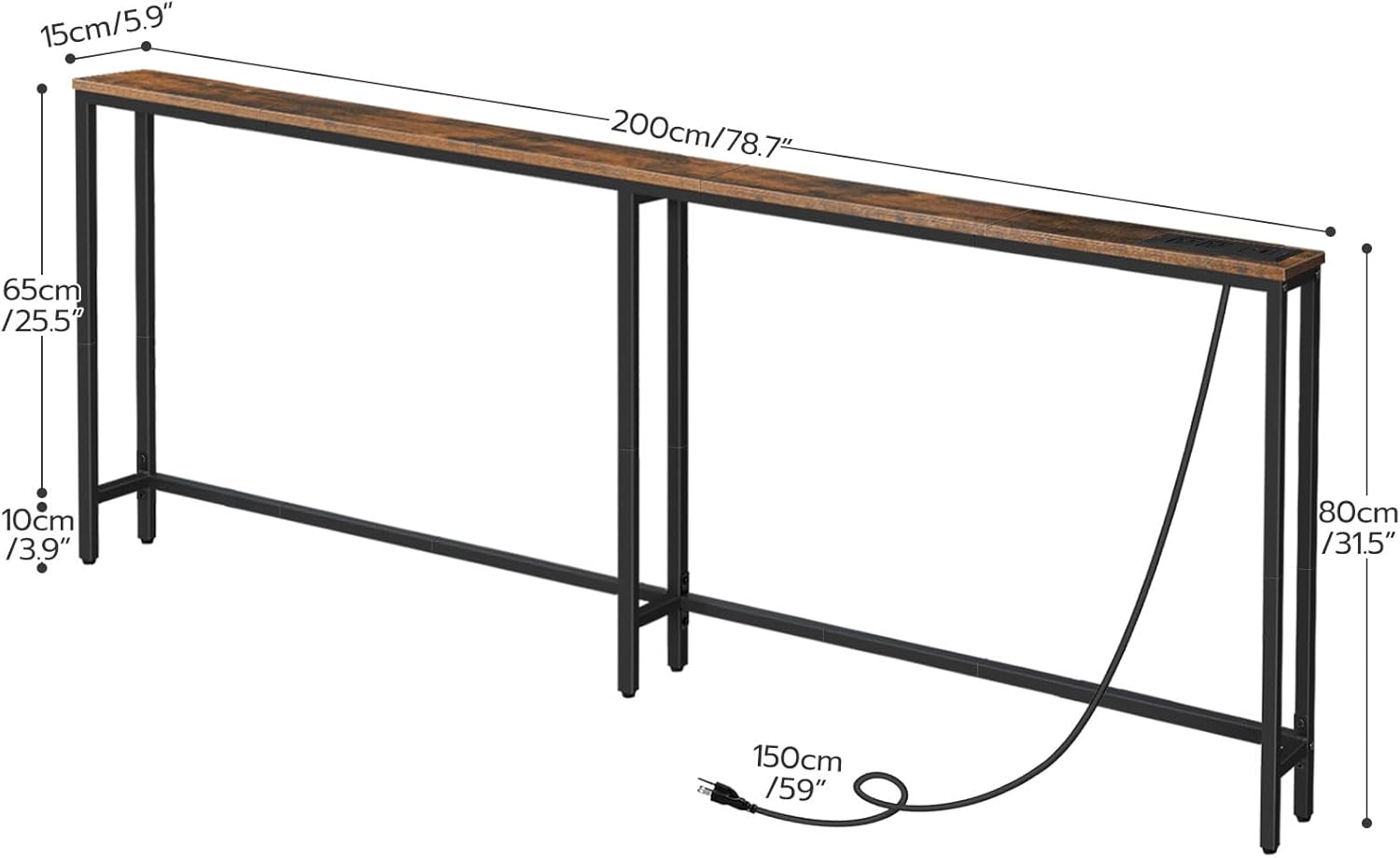 HOOBRO 5.9" Skinny Console Table with Charging Station, 78.7" Narrow Sofa Table with USB & Type-C Ports, Rustic Brown