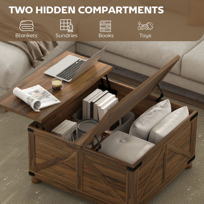 Coffee Table with Lift Top, 32" Farmhouse Center Table with Hidden Compartment for Living Room, Brown Wood Grain