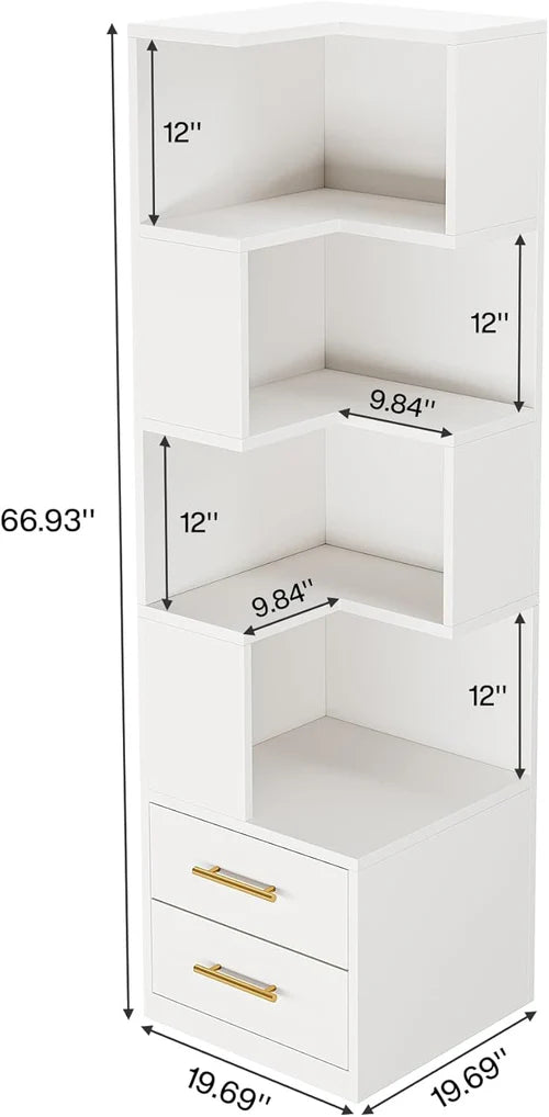Corner Bookcase 66.9" L-Shaped Bookshelf 5-Tier Shelf with 2 Drawers White