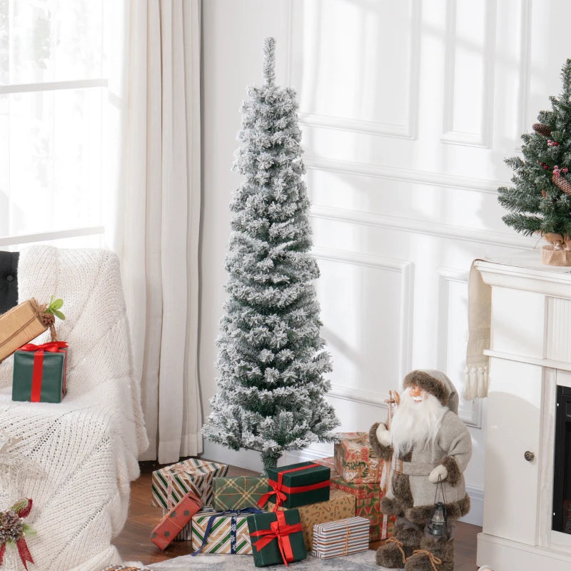 HOMCOM Flocked Pencil Christmas Tree with Realistic Branch Tips, Folding Metal Stand, Multicolor 