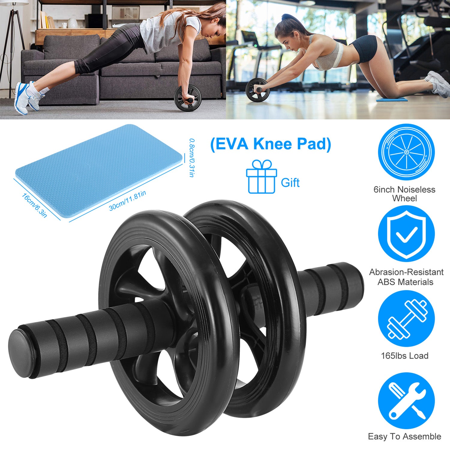 Ab Roller Wheel Fitness Exercise Wheel Roller w/ Knee Pad for Abs Workout Core Strength Exercise Home Gym 