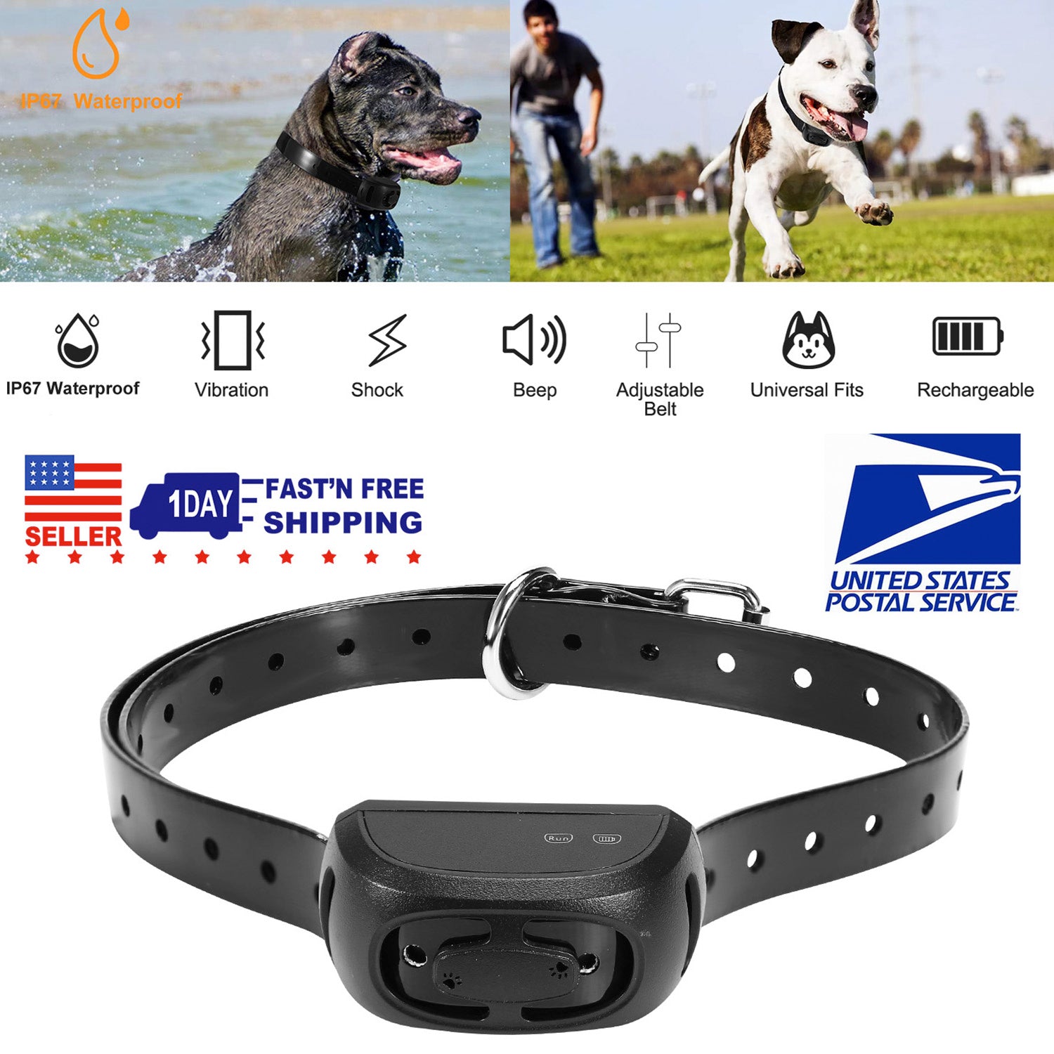 Dog Bark Collar IP67 Waterproof Rechargeable Dog Training Receiver Shock Collar Receiver with Beep Vibration Shock 9 Levels 1640ft Remote Range