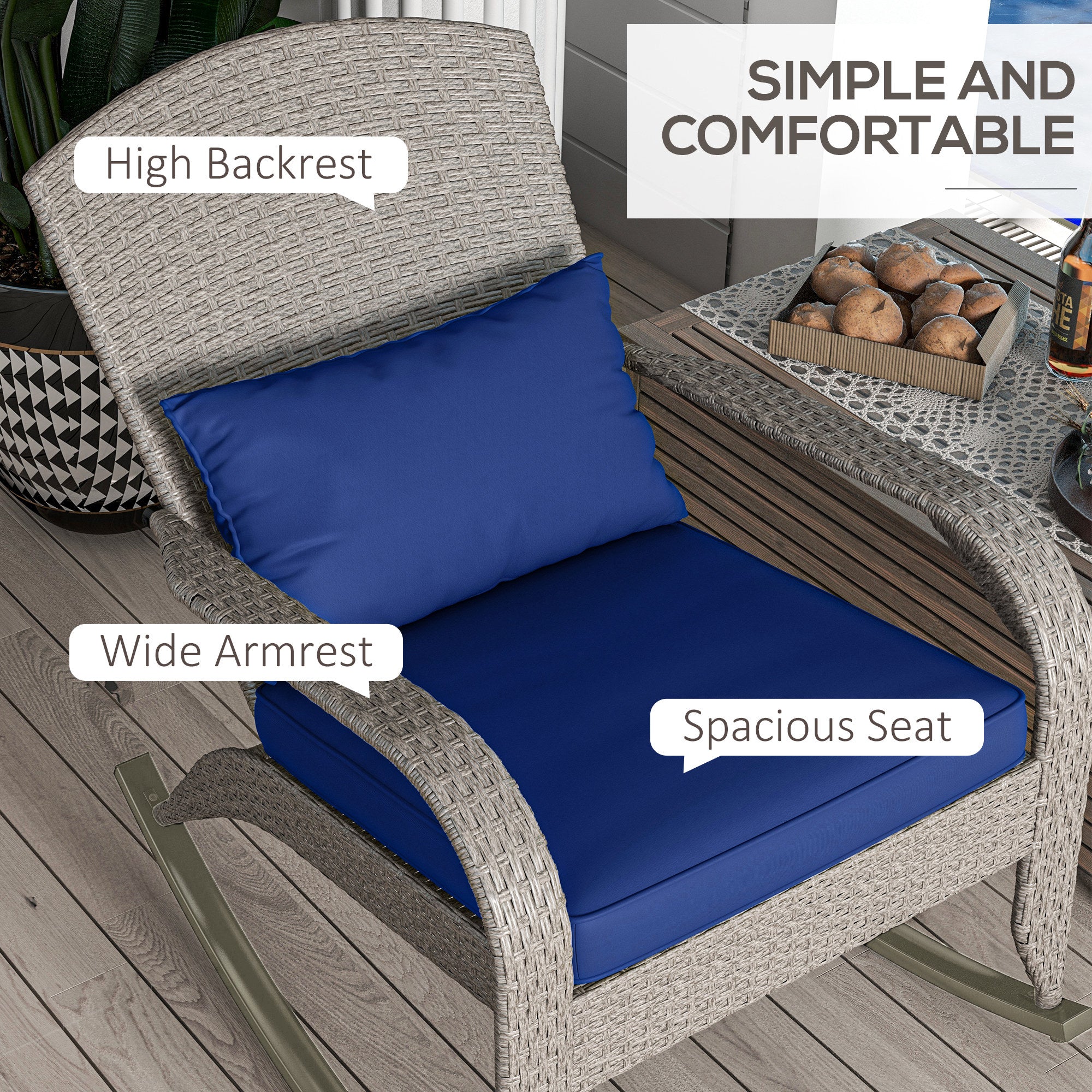 Outsunny Adirondack Chair, Outdoor Wicker Rocking Chair with High Back, Seat Cushion and Pillow for Porch, Balcony, Dark Blue 