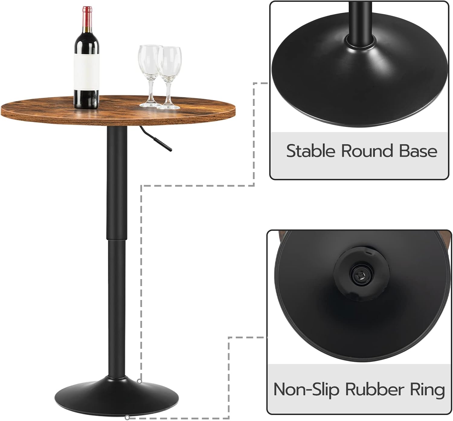 HOOBRO Height-Adjustable Round Bar Table, Modern Cocktail Pub Table, Rustic Brown & Black BF58BT01G1