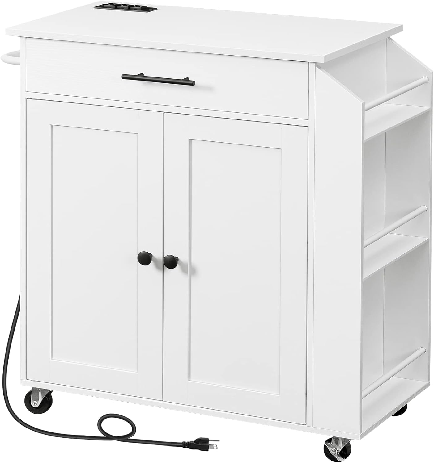 HOOBRO Kitchen Island Cart with Power Outlet, Storage Cabinet, Drawer & Spice Rack, Rolling Kitchen Cart on Wheels, White