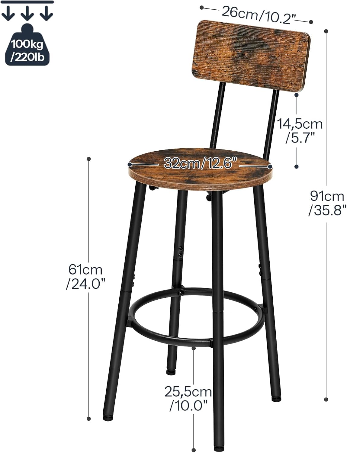 HOOBRO Bar Stools Set of 2 with Backrest & Footrest, Industrial Counter Height Bar Chairs, Rustic Brown & Black BF32BY01G2