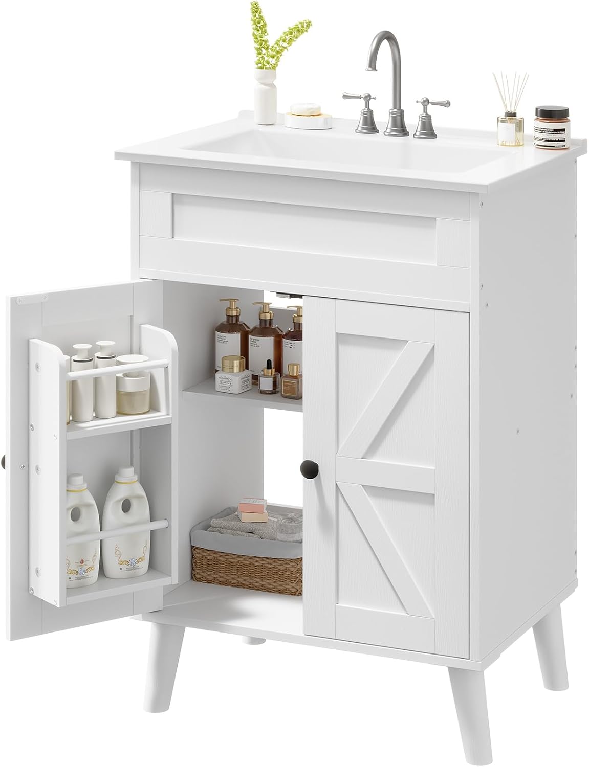 HOOBRO 24.2-Inch Bathroom Vanity with Ceramic Sink, Farmhouse Bathroom Cabinet with 2 Doors, White