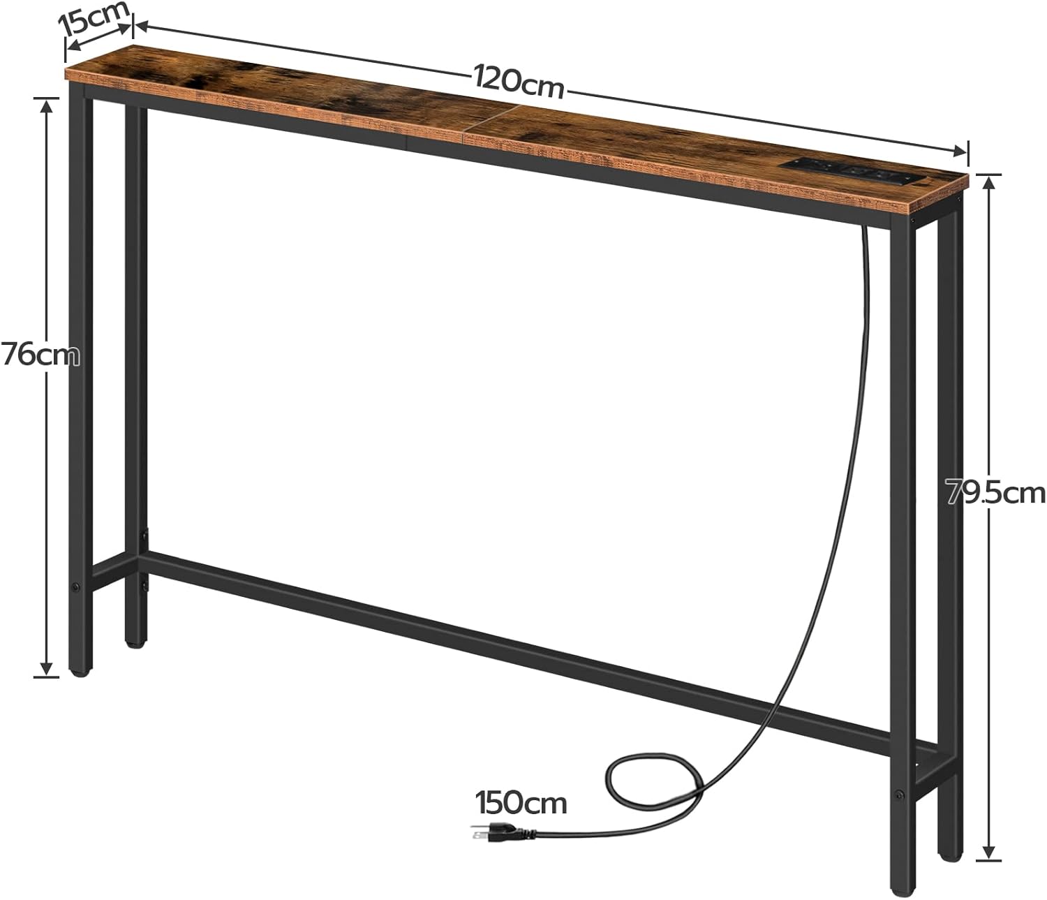 HOOBRO Skinny Console Table with Charging Station, 47.2" Narrow Sofa Table with Power Outlets, USB & Type-C Ports, Rustic Brown & Black