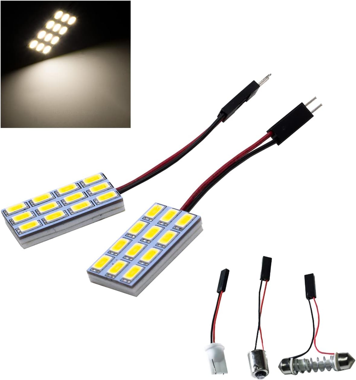 HYUGA 2x 12SMD 5630 White 6500K LED Panel Dome Board Light Auto Car Interior Bulb DC 12V-24V With T10 / BA9S / Festoon Adapters 