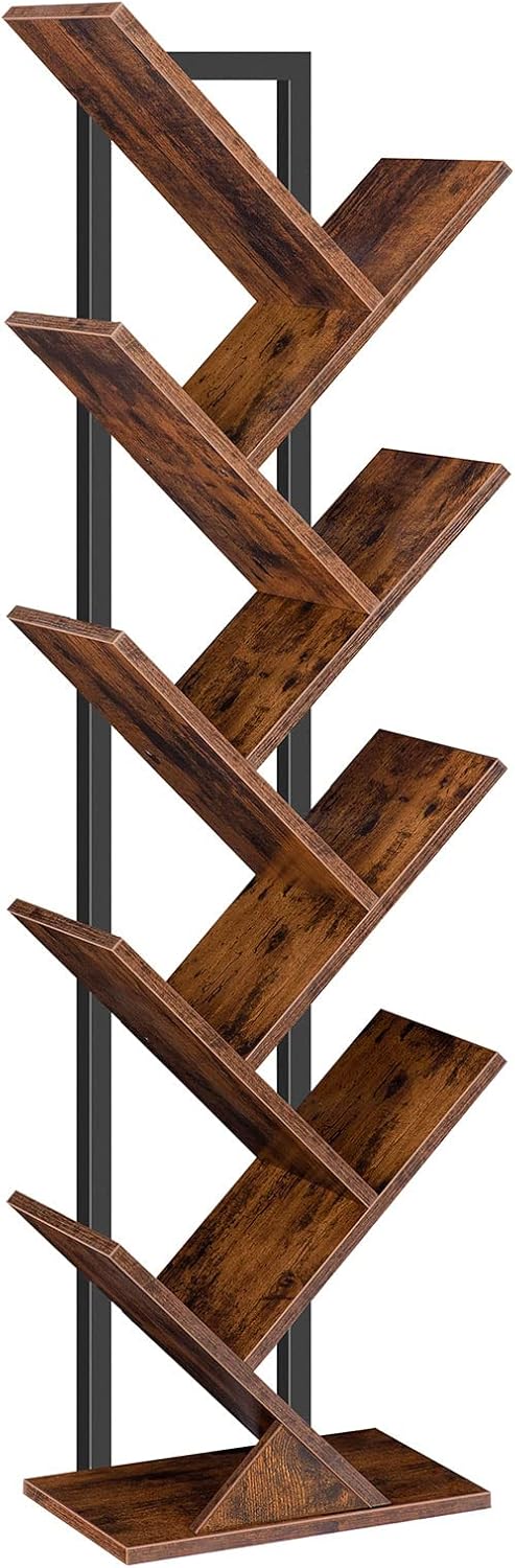 HOOBRO 9-Tier Tree Bookshelf, Freestanding Wooden Bookcase Storage Rack, Rustic Brown BF08SJ01G1