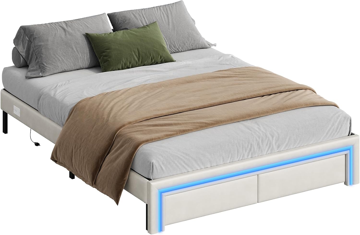 HOOBRO Queen Bed Frame with LED Lights, Charging Station & 2 Storage Drawers, Upholstered Platform Bed, Cream White