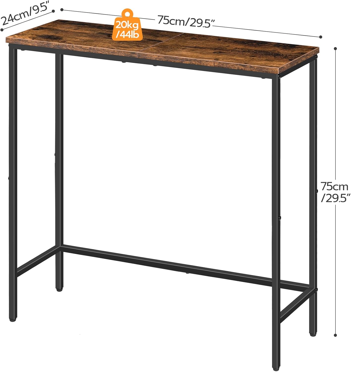 HOOBRO Narrow Console Table 75 cm Entryway Table, Small Sofa Side Table, Rustic Brown & Black BF75XG01