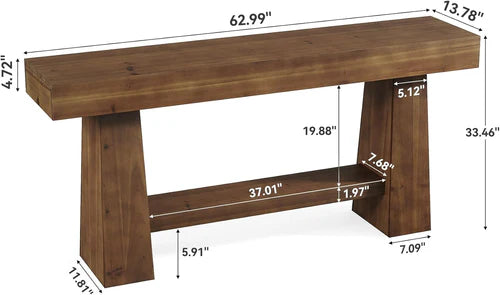 63" Solid Wood Console Table, 2-Tier Farmhouse Entryway Sofa Table with Storage Shelf Rustic Brown