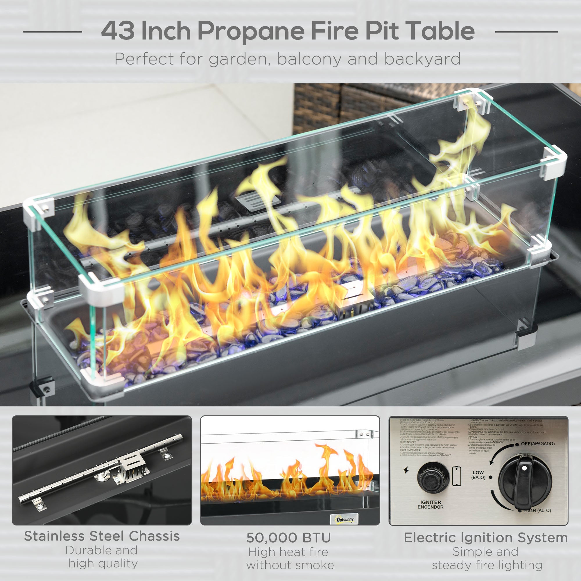 Outsunny Propane Fire Pit Table 43 Inch 50000 BTU Pulse-Ignition Wicker with Glass Wind Guard Blue 