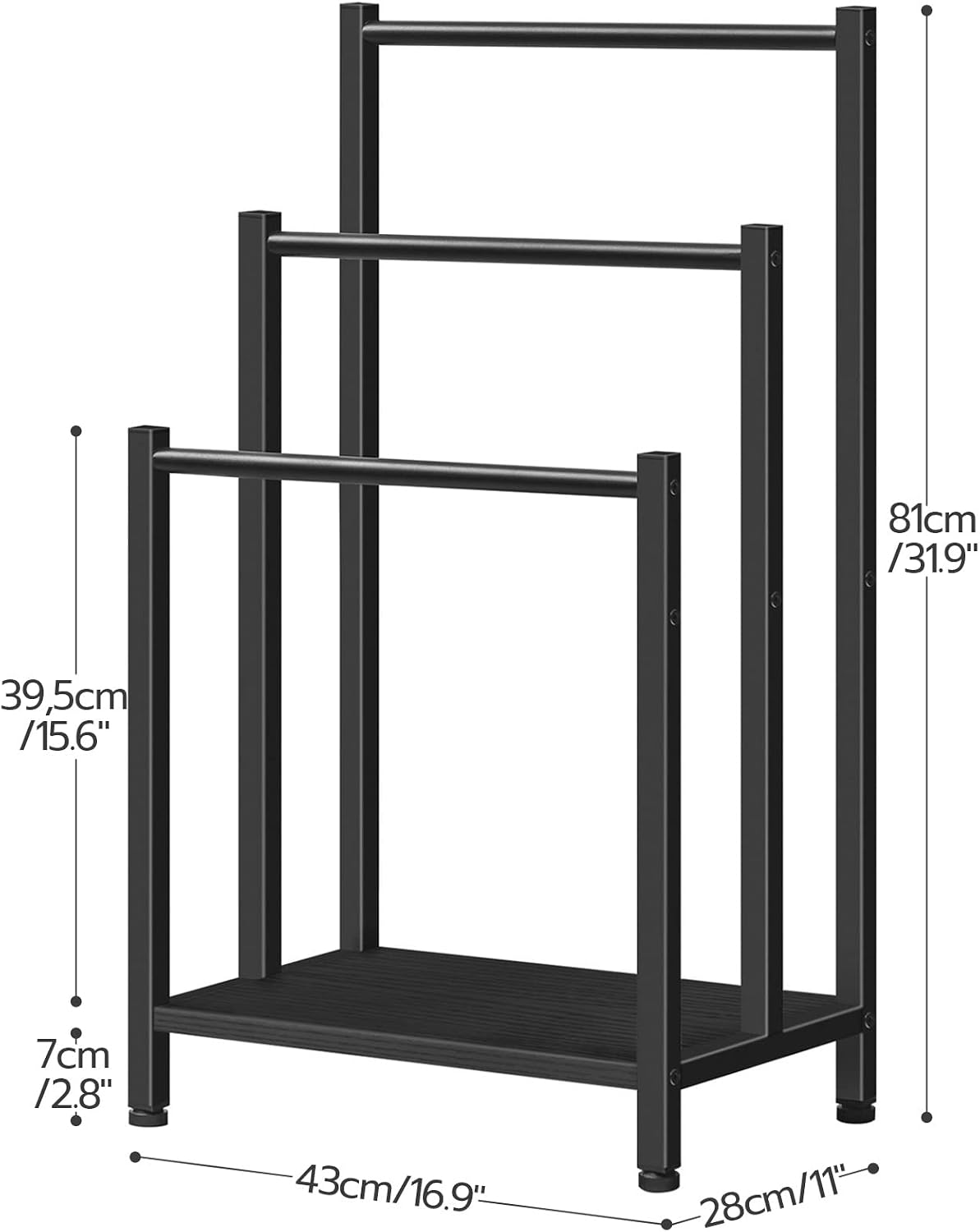 HOOBRO Freestanding Towel Rack, 3-Tier Blanket Ladder Holder with Storage Shelf, Industrial Metal Drying Rack, Black