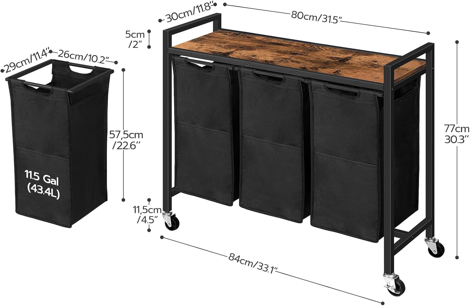 HOOBRO 3-Section Laundry Sorter with Wheels, 130L Rolling Laundry Hamper with Removable Oxford Fabric Bags, Rustic Brown & Black BF76XY01