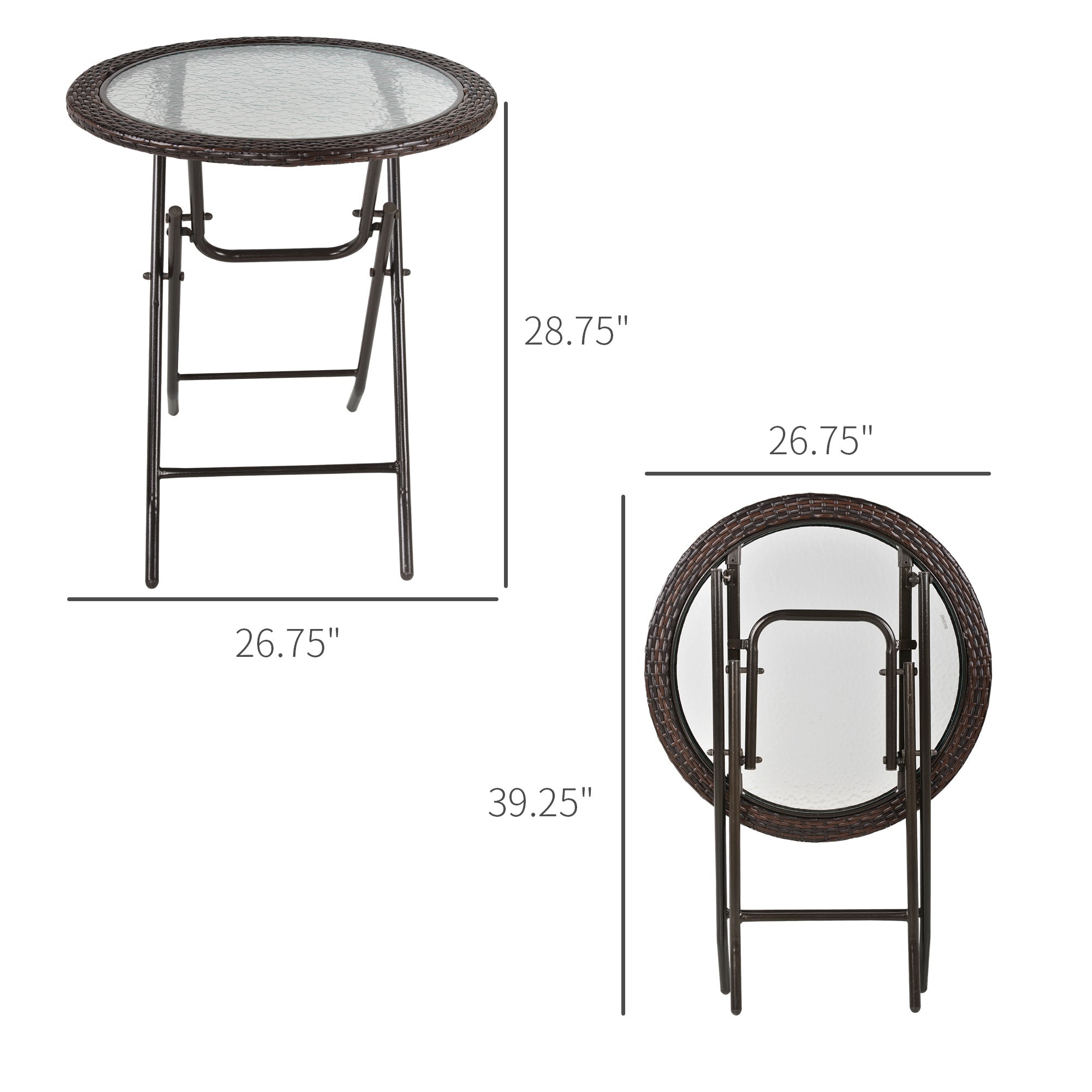 Outsunny Folding Round Table Tempered Glass Metal with Rattan Edging Brown 