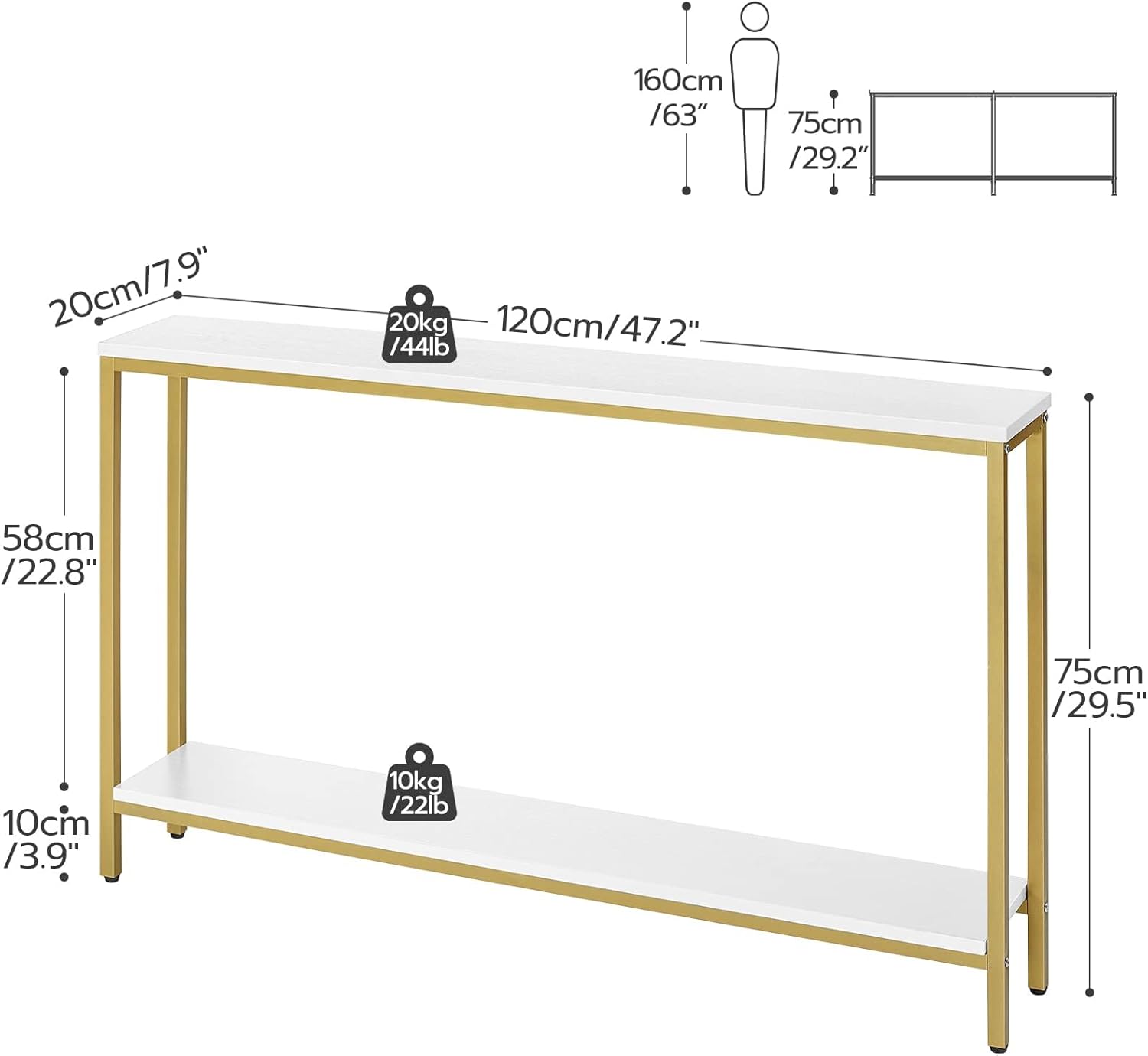 HOOBRO 120cm Console Table, 2-Tier Narrow Entryway Sofa Table with Open Storage Shelves, White & Gold