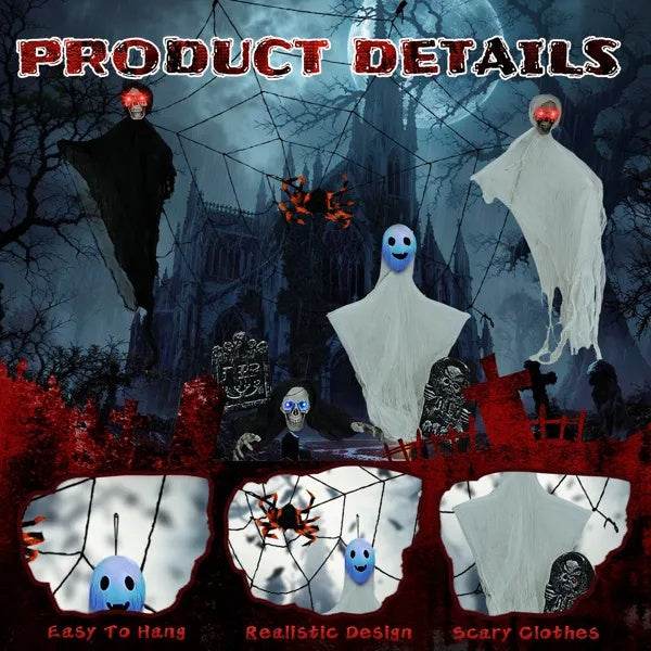 Outdoor Halloween Decorations 8-Piece Set, Hanging Ghosts Decor And Cobweb And Gravestone With Lighted Up Eyes, Scary Swinging Ghost Flying For Yard Patio Lawn Garden 