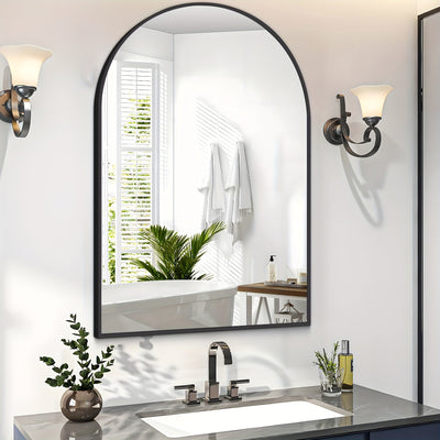 Black Arched Mirror, Matte Black Bathroom Mirror with Metal Frame, Wall Mounted Mirrors Modern Dresser Mirror for Bedroom Living Room Entryway 